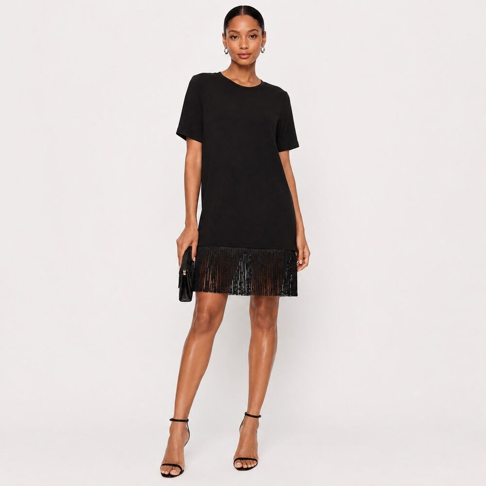 Le Superbe Black Fitzgerald Fringe Mini Dress Short Sleeve Sz Med NWT MSRP $425